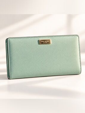 Kate Spade Mint Green\Teal Saffiano Leather Long Wallet Gold Hardware Designer